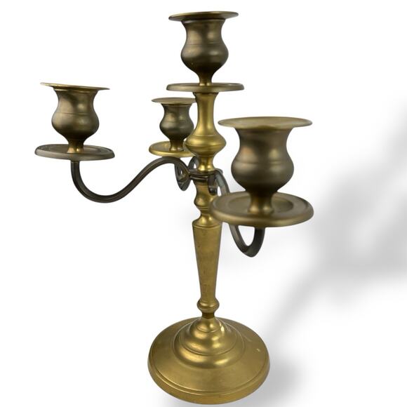 Vintage 1970s Solid Brass 3-Arm Candelabra w/ Center Pillar Regency 3.4 lbs - Picture 3 of 9